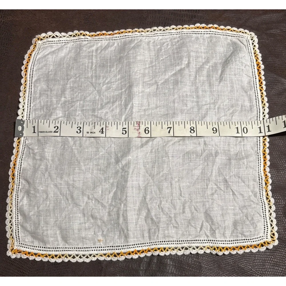 VTG Victorian Handkerchief Crochet Trim White Yellow/Orange 11.5